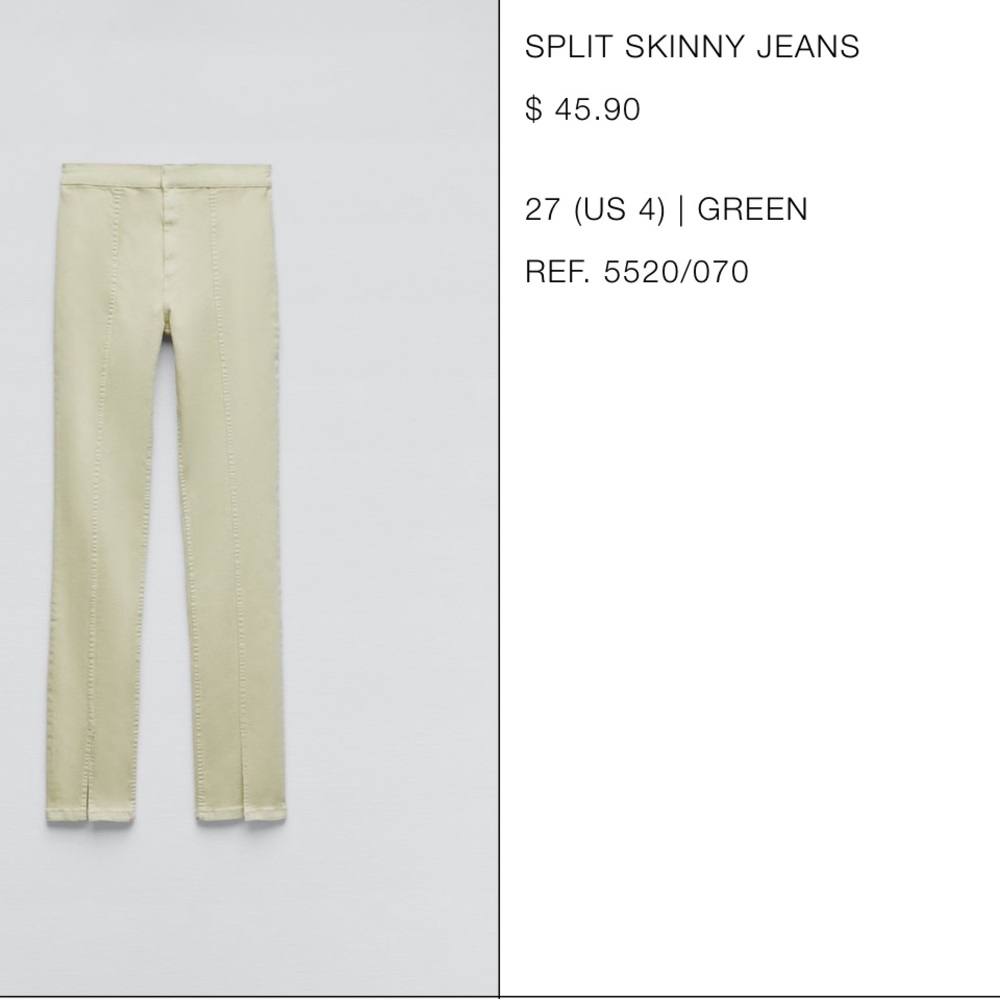 Zara Light Green Split Hem Skinny Denim Jeans Size 27 (4)